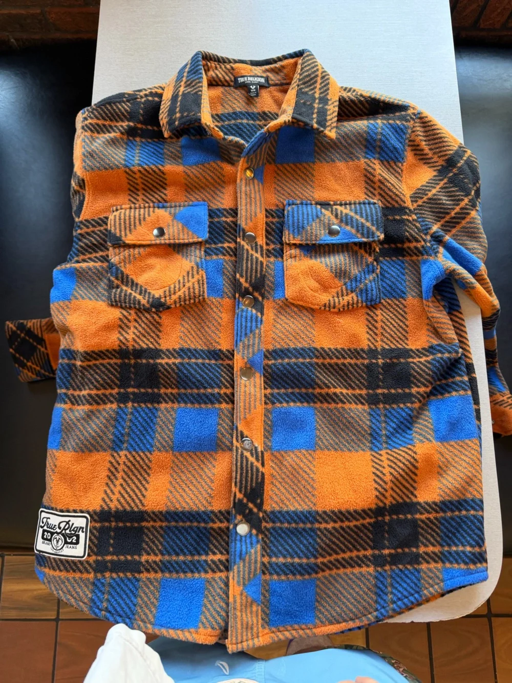 True Religion Orange and Blue Plaid Fleece Jacket